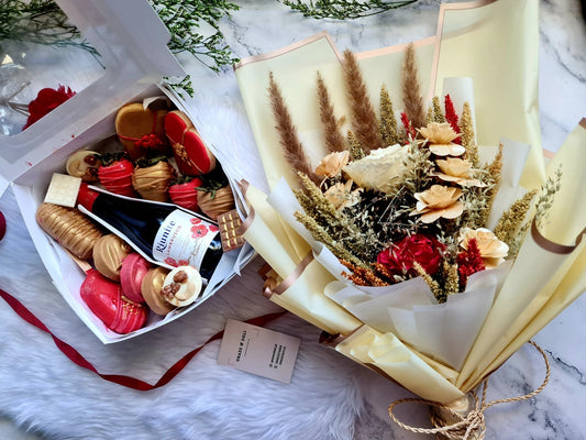 Valentines Sweets Box with Mini Wine and Preserved Roses